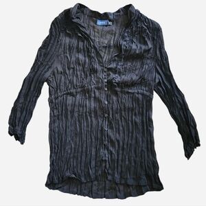 Mexx Vintage Y2K Sheer Crinkled Quarter Sleeve Black Button Front Blouse Top L